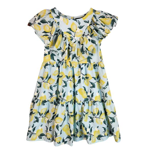 FRENCH CONNECTION Girl SM 7-8 Blue Summer Dress Lemons Daisies Floral Ruffles - Picture 1 of 14